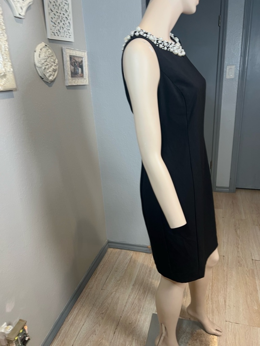 Calvin Klein Black Sleeveless Sheath Dress with Jeweled Pearl Neckline - Picture 6 of 9